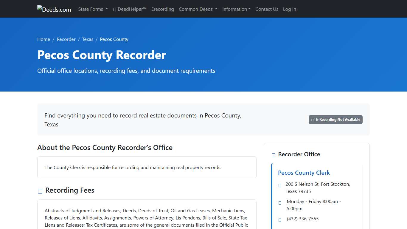 Pecos County Recorder Information, Texas - Deeds.com