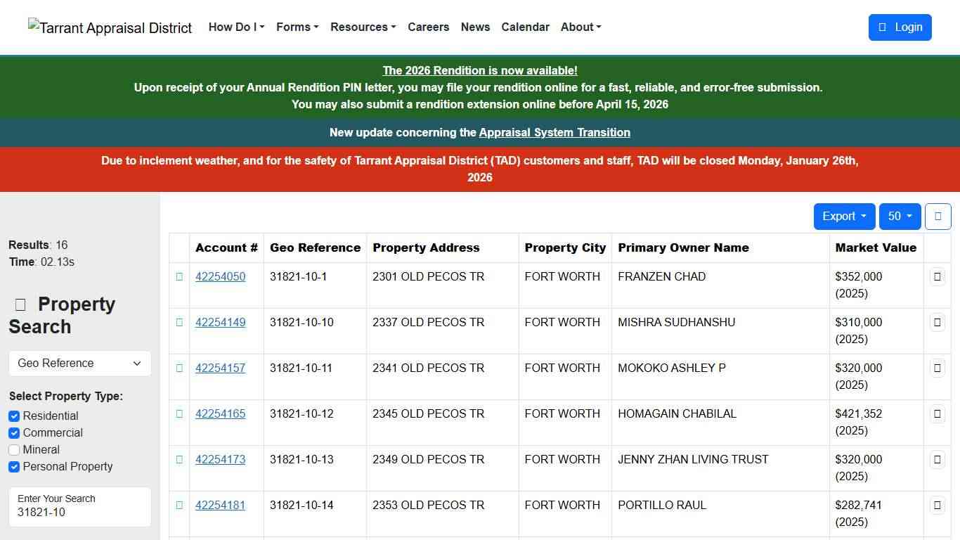 Property Search Results - Tarrant Appraisal District